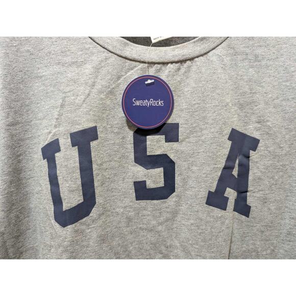 USA American Flag Gray Cropped Top T Shirt Women's XL July 4th New! Patriotic - Picture 4 of 9